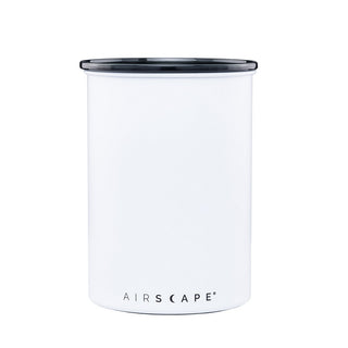 White Airscape coffee canister with a black lid and AIRSCAPE branding
