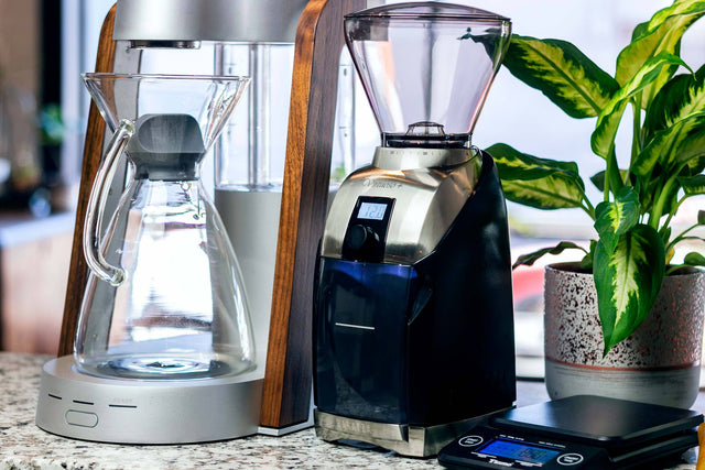 Baratza Virtuoso+ coffee grinder next to Ratio Eight coffee maker, Clive Coffee - Lifestyle