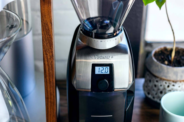 close up on the Baratza Virtuoso+ coffee grinder's digital display and adjustment dial, Clive Coffee - Lifestyle