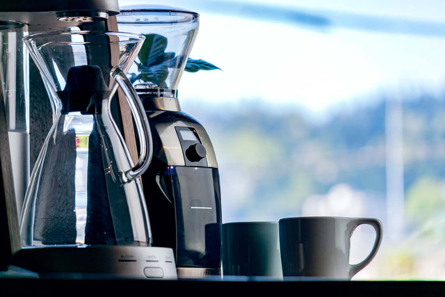 Baratza Virtuoso+ coffee grinder next to a Ratio Eight coffee maker, Clive Coffee - Lifestyle