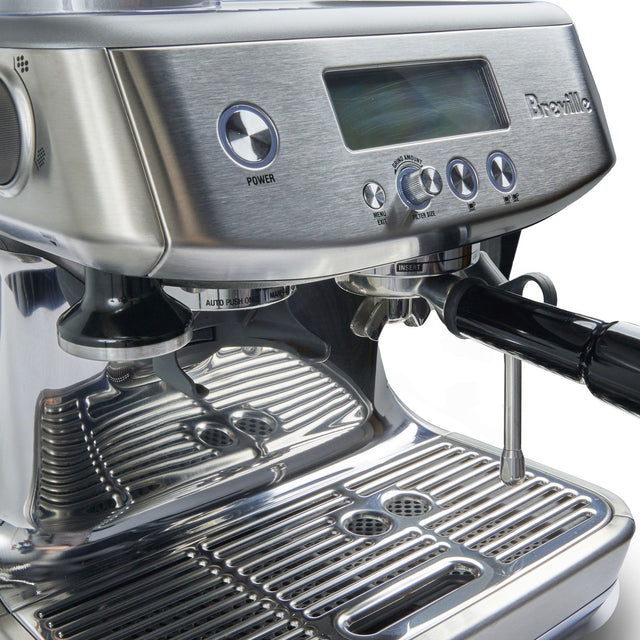 Breville Barista Pro Espresso Machine, detail, closeup, portafilter, from Clive Coffee, knockout