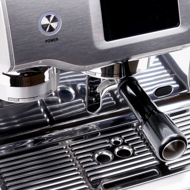Breville Oracle Touch Espresso Machine, detail view, portafilter, Clive Coffee, knockout