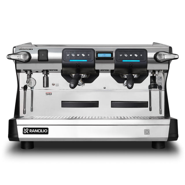 Rancilio 2 Group head Classe 7 USB tall version commercial espresso machine front view by Clive Coffee-knockout