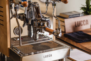 Clive Style 7 Wood Spouted Portafilter in walnut on the Lucca M58 espresso machine, Clive Coffee - Lifestyle