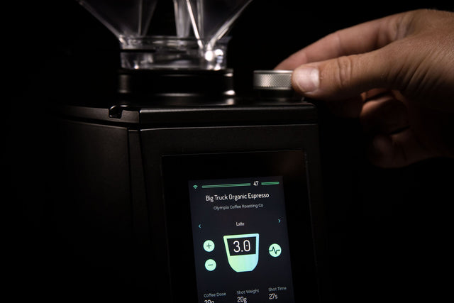 LUCCA Atom 75 Espresso Grinder in black adjustment dial up close - knockout - large
