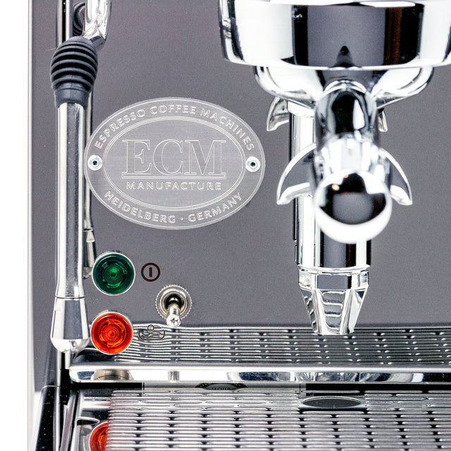 ECM Mechanika V Slim Espresso Machine, ECM badge on face of machine, Clive Coffee - Knockout
