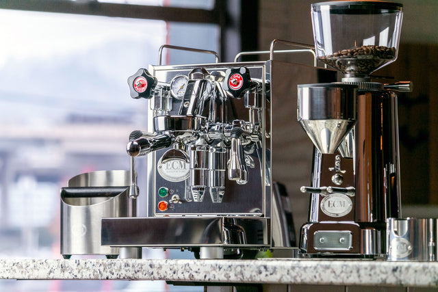 ECM Mechanika V Slim Espresso Machine, ECM V-Titan 64 Chrome Espresso Grinder, from Clive Coffee, lifestyle large