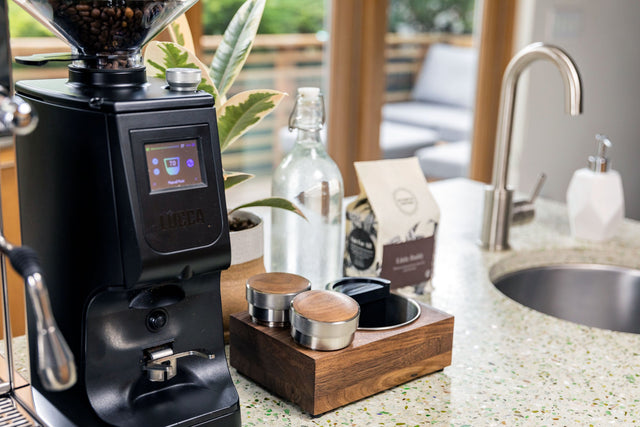 Saint Anthony Industries Bloc Tamp Station with LUCCA Atom 65 Espresso Grinder from Clive Coffee - lifestyle