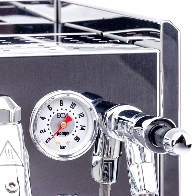 ECM Synchronika espresso machine, closeup on hot water joystick and brew pressure gauge, Clive Coffee - Knockout