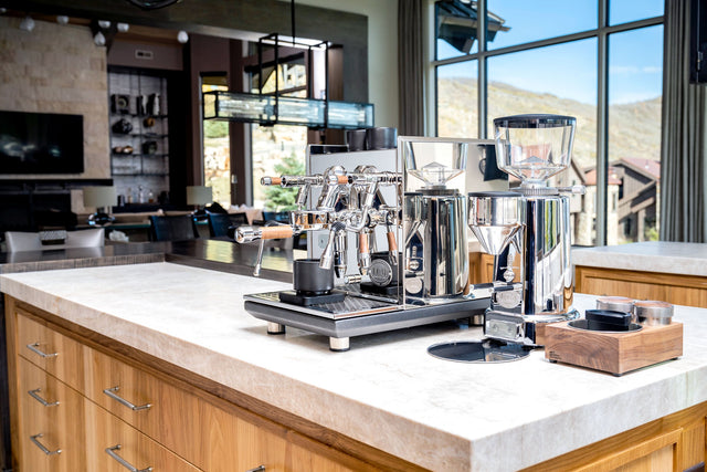 Saint Anthony Industries Bloc Tamp Station with ECM Synchronika espresso machine from Clive Coffee - lifestyle
