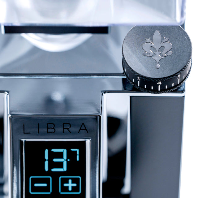 Eureka Mignon Libra espresso grinder in black knockout knob