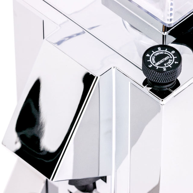 Eureka Mignon Silenzio espresso grinder, chrome, detail view, from Clive Coffee, knockout