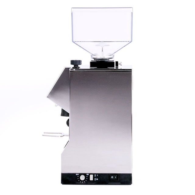 Eureka Mignon Silenzio espresso grinder, chrome, side view, from Clive Coffee, knockout