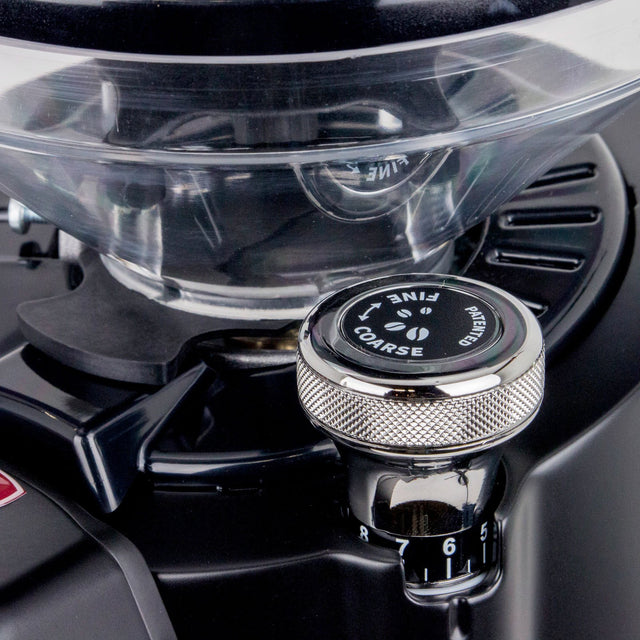 Eureka Olympus 75E High Speed Espresso Grinder, closeup on grind adjustment knob, Clive Coffee - Knockout