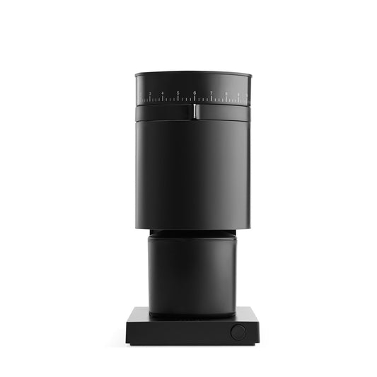 Fellow Opus Conical Burr Grinder, Matte Black, front view, from Clive Coffee, knockout