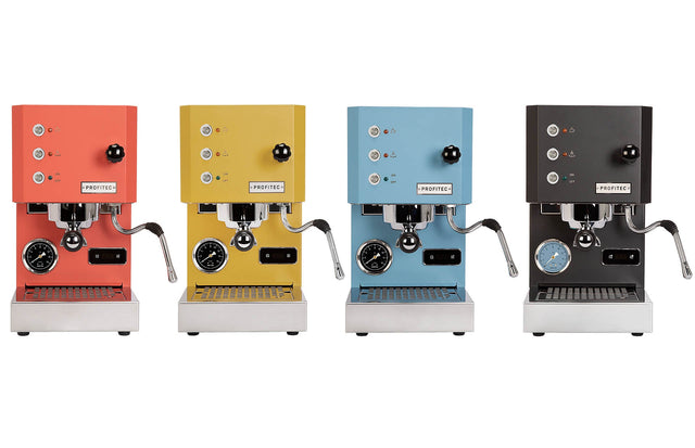Profitec GO Espresso Machine from Clive Coffee in red, yellow, blue, and black - knockout