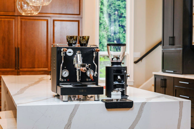 Mahlkonig X54 grinder in black with the black LUCCA M58 espresso machine lifestyle large