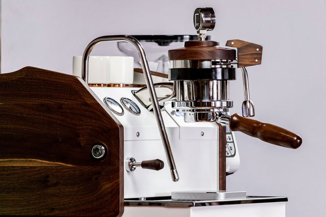 La Marzocco GS3 MP Walnut Panel Espresso Machine, from Clive Coffee, lifestyle large