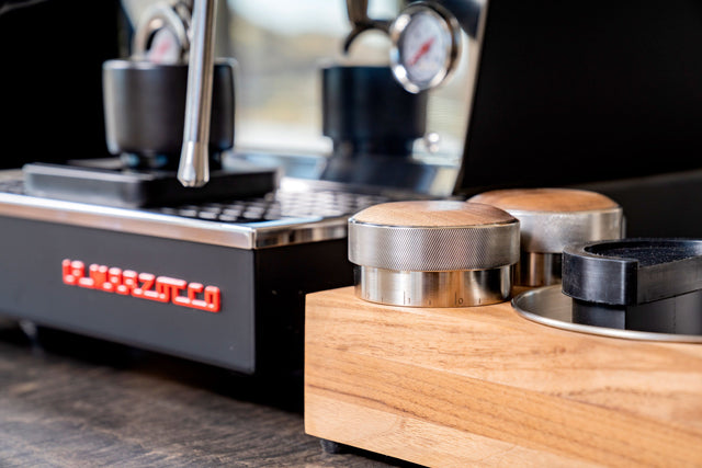 Saint Anthony Industries Bloc Tamp Station with La Marzocco Linea Mini espresso machine from Clive Coffee - lifestyle