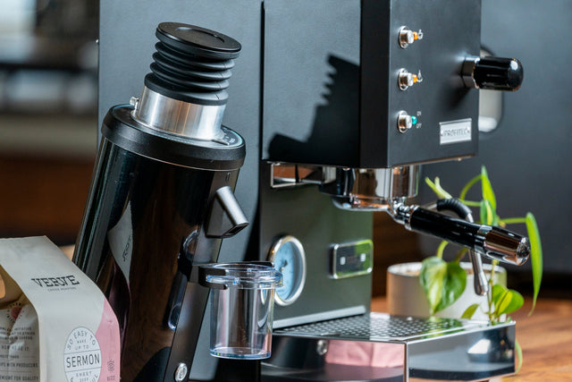 LUCCA DF64 espresso grinder in black with Profitec GO espresso machine in black lifetstlye large (Gen 1 Picture)