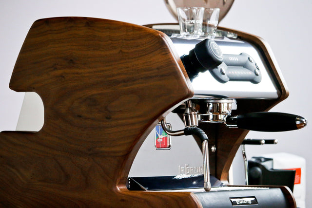 La Spaziale Bottomless Portafilter and Lucca Direct Plumb A53 Walnut espresso machine from Clive Coffee - Lifestyle