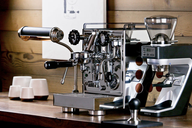 Rocket Apartamento Espresso Machine, copper, with Baratza Sette Coffee Grinder, from Clive Coffee, lifestyle