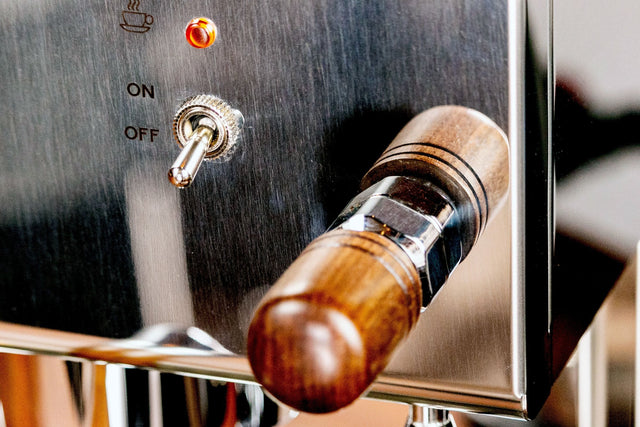 Profitec Pro 300 closeup on walnut wood hot water knob - lifestyle