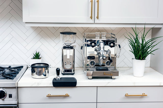 Motta Knock Box next to a Profitec Pro 600 espresso machine and ECM grinder, Clive Coffee - Lifestyle