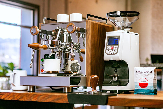 Clive Coffee Wood Knobs for Profitec espresso machines on a Profitec Pro 700 alongside a Eureka Atom espresso grinder - Lifestyle