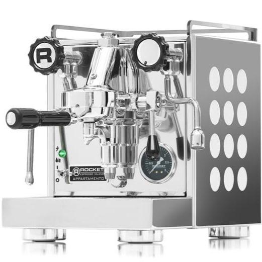 Rocket Appartamento Espresso Machine, silver panels with white accents, from Clive Coffee, knockout