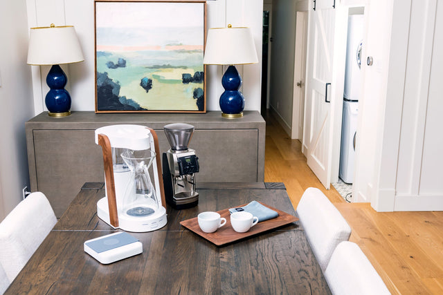 Acaia Pearl Scale in white next to a Ratio Eight coffee maker, Clive Coffee - Lifestyle - large