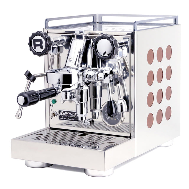 Rocket Appartamento Espresso Machine, silver panels with copper accents, from Clive Coffee, knockout