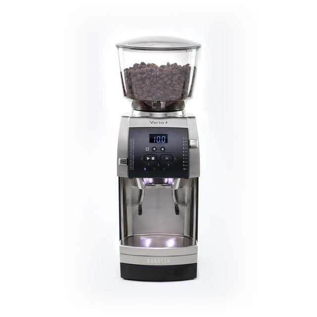 Baratza Vario + Coffee and Espresso Grinder, black, front view, from Clive Coffee, knockout
