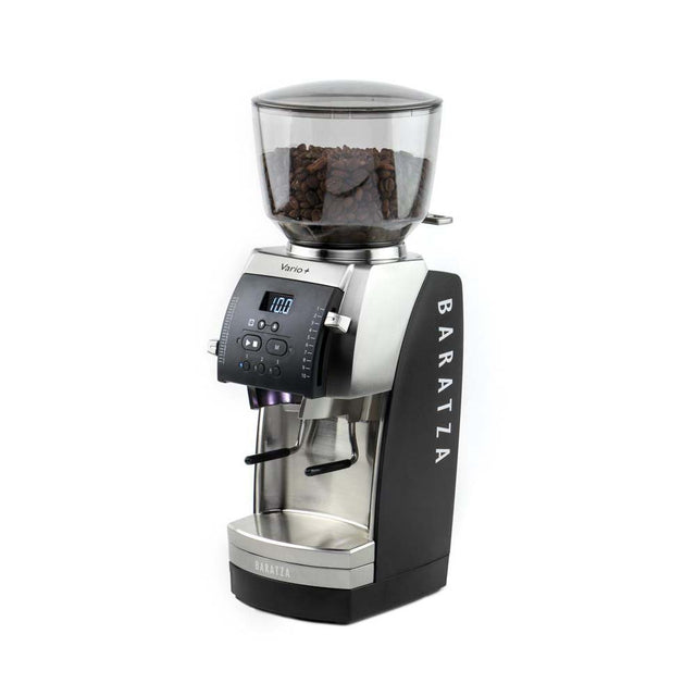 Baratza Vario + Coffee and Espresso Grinder, black, portafilter forks, from Clive Coffee, knockout