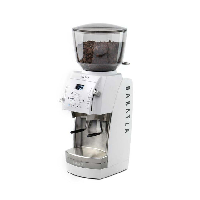Baratza Vario + Coffee and Espresso Grinder, white, portafilter forks, from Clive Coffee, knockout