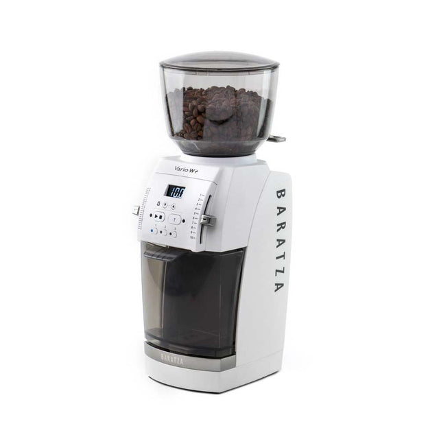 Baratza Vario W+ Coffee Grinder, white, angled hero, from Clive Coffee, knockout
