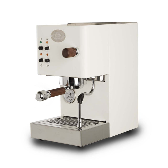 ECM Casa V Espresso Machine, white, with walnut, front view, from Clive Coffee - Knockout