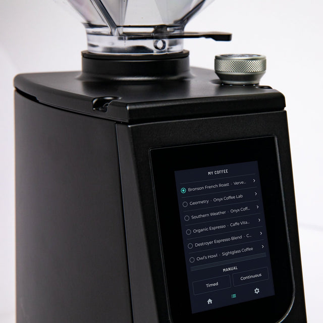 LUCCA Atom 75 Espresso Grinder in black  touchscreen up close - knockout