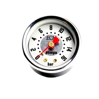 ECM espresso machine pump pressure gauge with silver dial and red needle