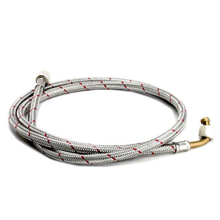 Braided stainless steel espresso machine hose with red accent threads and brass fittings