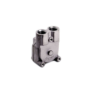 La Spaziale flowmeter part number 2498, a compact silver metal block with two ports.
