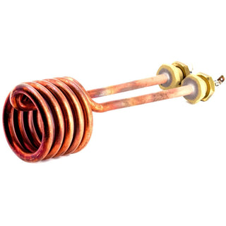 Copper steam boiler heating element with dual tubes and brass fittings.