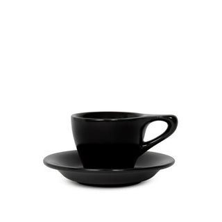 NotNeutral LINO black cup and saucer with a curved handle and glossy finish.