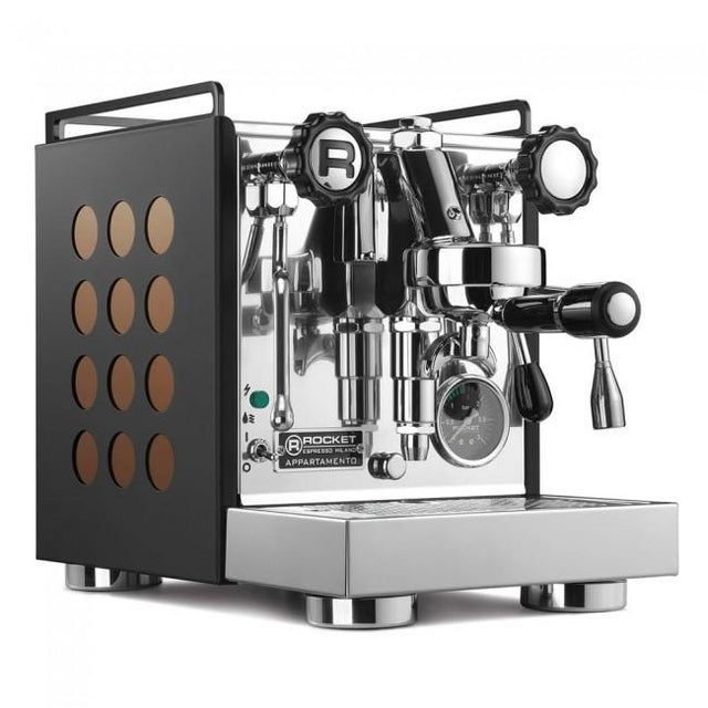 Rocket Appartamento Nera Copper Espresso Machine, black panels with copper accent, angled hero, from Clive Coffee, knockout