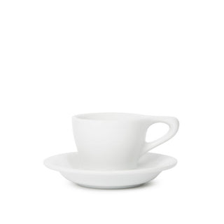 White LINO cup with saucer featuring a wide mouth and smooth curved form.