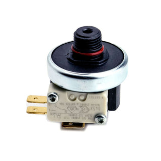 Top view of a pressure stat with a black threaded connector and red seal on a metal housing.