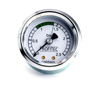 Chrome bezel Profitec steam pressure gauge with white dial and caldaia label