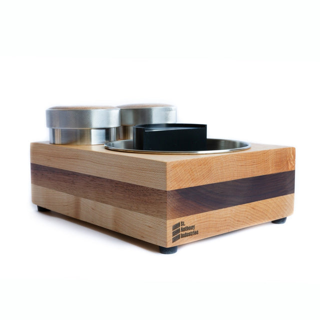 Saint Anthony Industries Bloc Tamp Station, Maple-Walnut stacked from Clive Coffee - knockout (Maple-Walnut Stacked)
